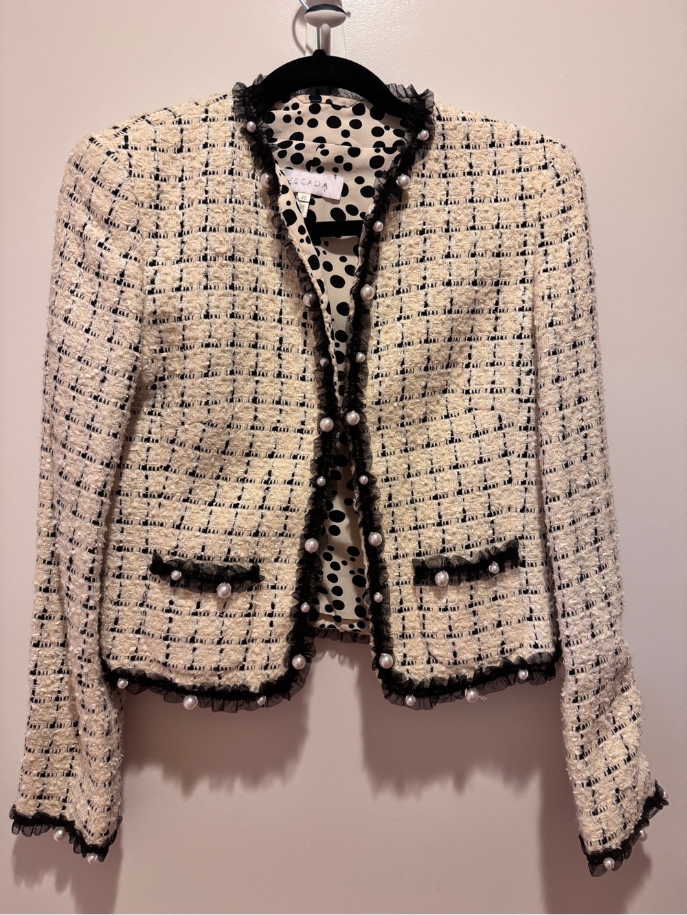 ESCADA Bouclé Tweed Pearl Trim Chanel Style Ruffle Jacket